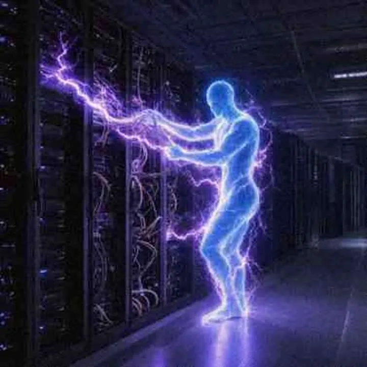 Lightning figure charging a datacenter server rack