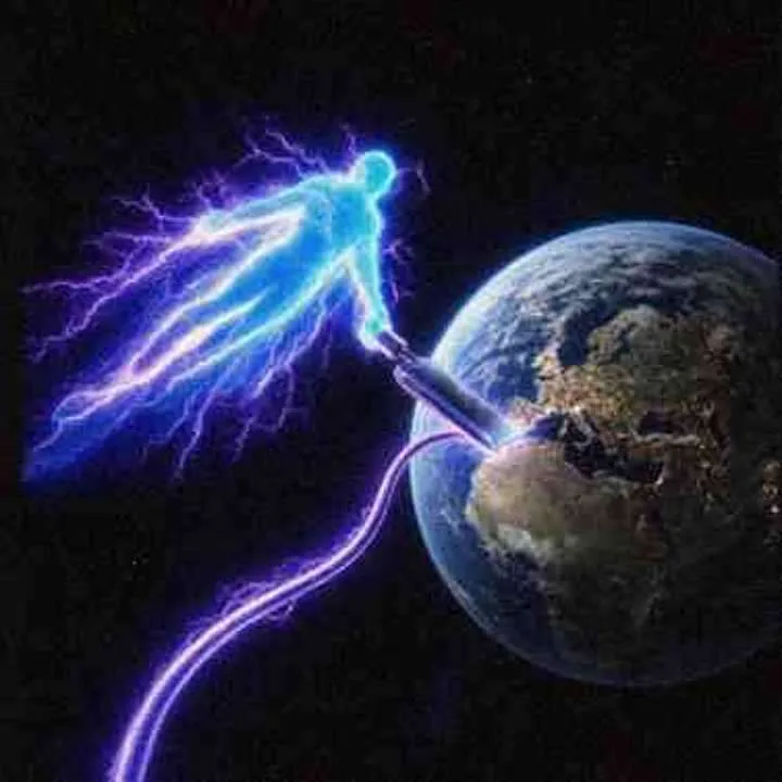 Lightning figure plugging a cable into planet Earth