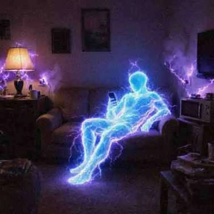 Lightning figure on a couch while all appliances spark