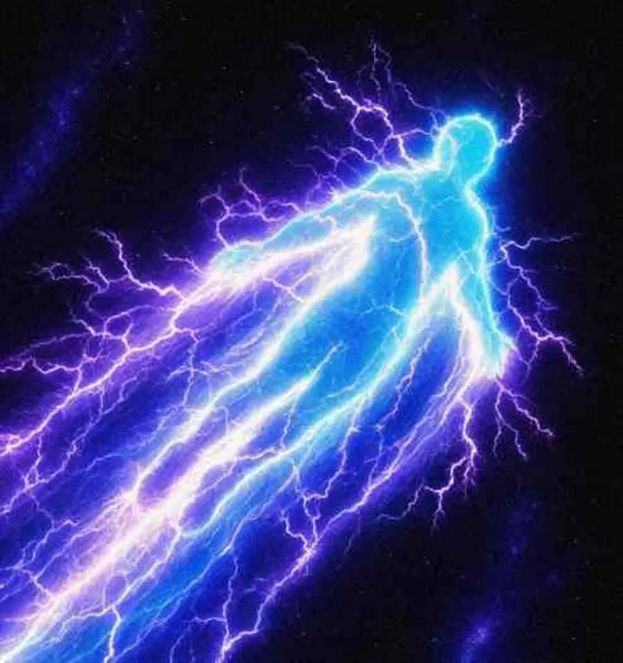 A glowing blue figure flying through space, wrapped in violet lightning